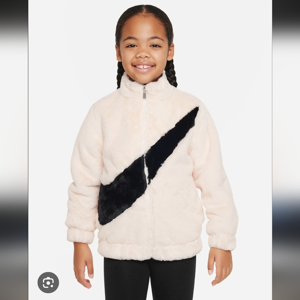 Nike Toddler Girls Faux Fur Jacket Size 3T Big Black Swoosh Cozy Athleisure
